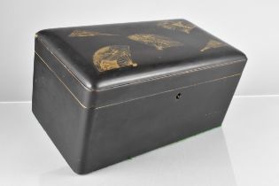 A Japanese Meiji Period Black Lacquer Tea Caddy Decorated in Gilt to Lid with Fans, The Hinged Lid