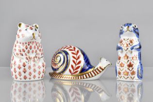 Three Royal Crown Derby Paperweights to Comprise Hamster, Snail and Chipmunk