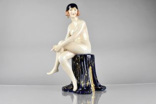 A Royal Dux Art Deco Figure of a Bather Modelled as Nude Female Seated on Stool Draped with Robe/