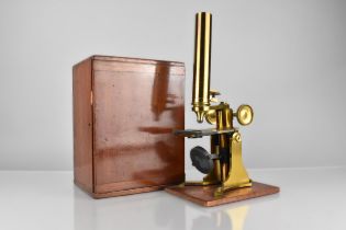 A Late 19th Century Monocular Brass Mounted Microscope in Fitted Mahogany Box, 18.5x14x24cm High