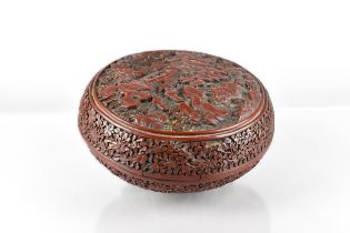 A Chinese Qing Dynasty Cinnabar Lacquer Box and Cover Decorated with Landscapes Scene with