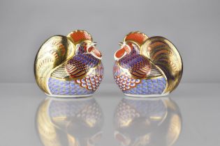 Two Royal Crown Derby Paperweights, Derby Cockerel, one with Gold and the Other with Silver Button