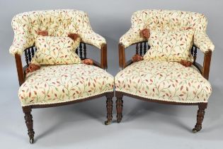 A Pair of Re-Upholstered Edwardian Mahogany Framed Tub Armchairs with Spindle Backs
