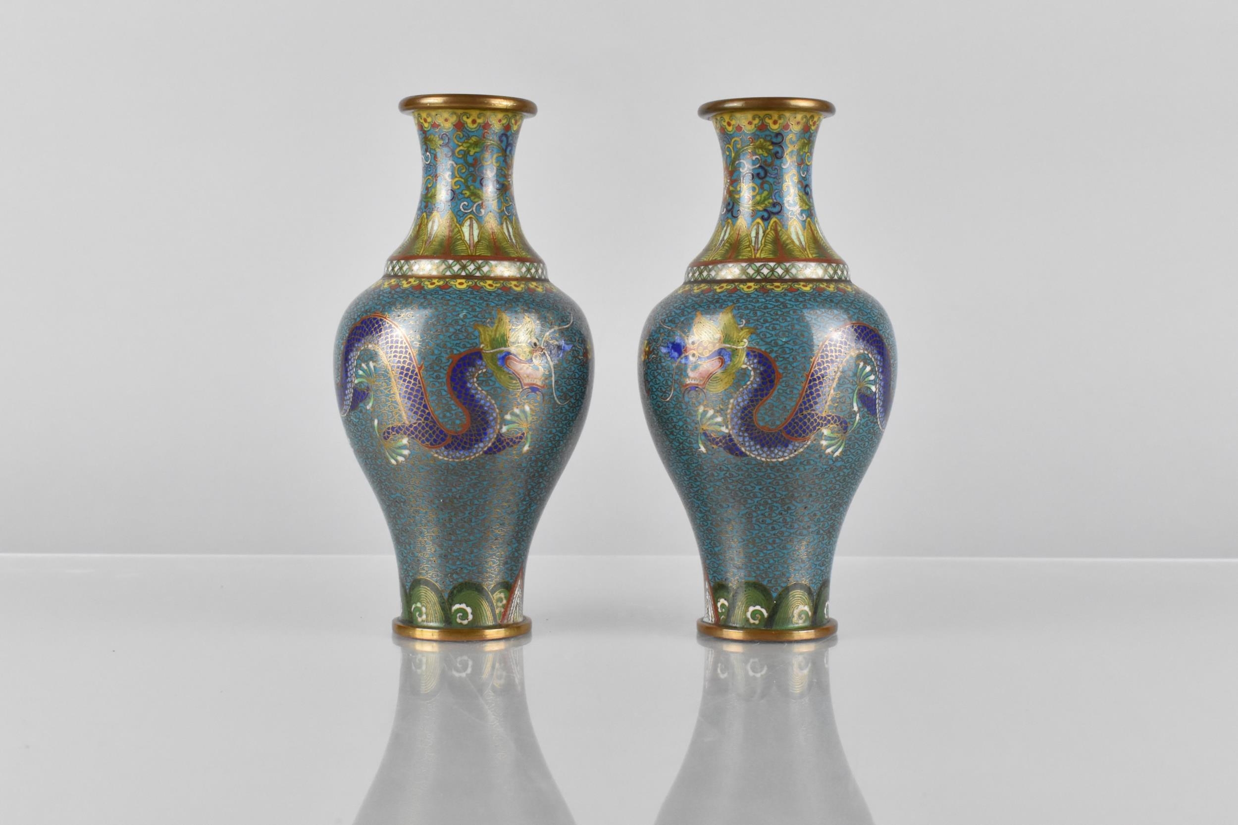A Pair of Early/Mid 20th Century Chinese Cloisonne Vase Of Baluster Form and Flared Neck Decorated