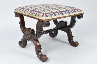 A Mid 19th Century Mahogany Framed X Frame Stool with Tapestry Upholstered Seat, 45cms Square and