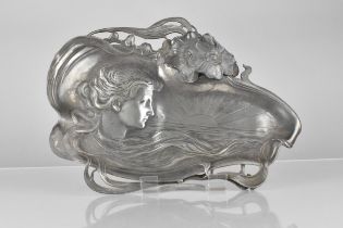 A WMF Art Nouveau Pewter Dish Cast with Profile of Maiden with Flowing Hair Looking Out To Setting