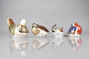 Four Royal Crown Derby Paperweights to Comprise Dove, Robin, Finch and Quail, All With Gold Buttons