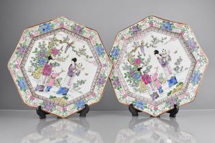 A Pair of Oriental Porcelain Octagonal Dishes, Decorated in the Famille Rose Palette Detailing