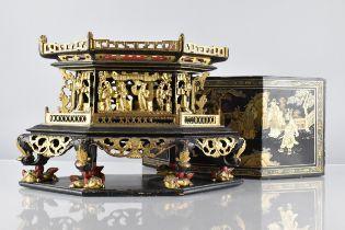 A Chinese Qing Dynasty Lacquered Carved Altar Stand of Hexagonal Form The Removable Top Revealing