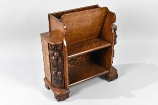A Nice Quality Oak Magazine Rack and Bookcase with Carved Fruit Decoration to Side Chamfers and