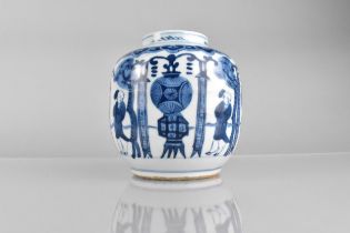 A Chinese Porcelain Blue and White Jar Decorated with Alternating Figure Decorations, 14cm High