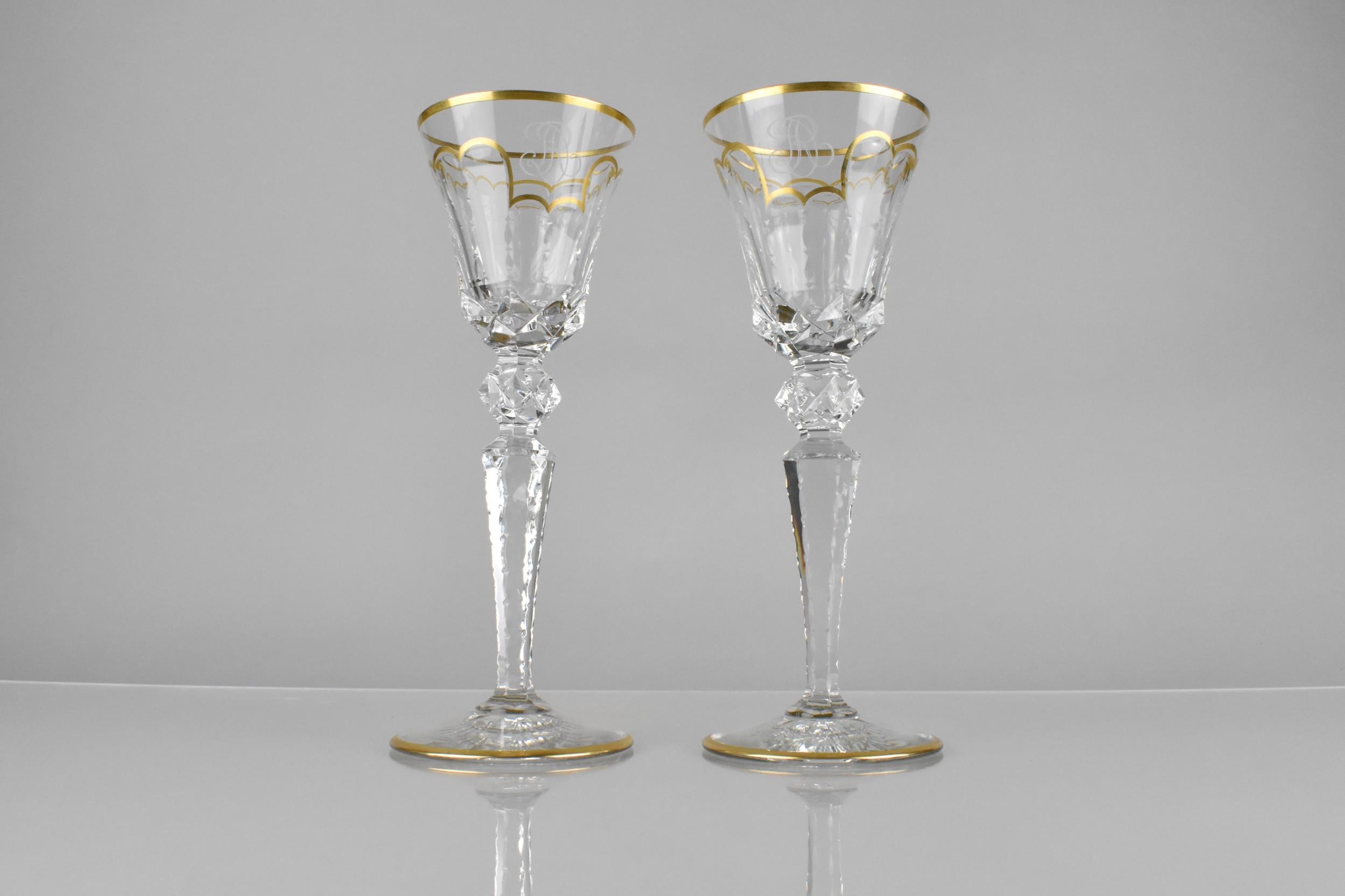 A Pair of St Louis Crystal Wine Glasses, the Facet-Cut Bowls with Gilt Trim and Scalloped Detail, - Image 3 of 3