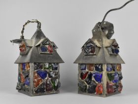 A Pair of Peter Marsh 1950's Hall Lanterns in Pewter and Rock Glass, Both with Ceiling Mounting