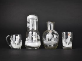 Four Pieces of "Mary Gregory" Glass to Comprise Mug, Water and Decanter Set, Jug and a Beaker