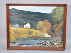 A Framed Welsh Naive Oil on Card, Stream Scene with Cottages, 51x38cm