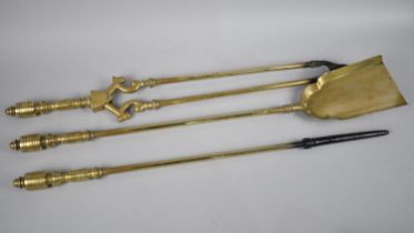 A Set of Three Brass Long Handled Fire Irons, Poker 63cms Long