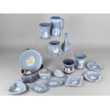 A Collection of Sixteen Pieces of Various Blue and White Jasperware to Comprise Vases, Dishes etc