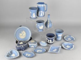 A Collection of Sixteen Pieces of Various Blue and White Jasperware to Comprise Vases, Dishes etc