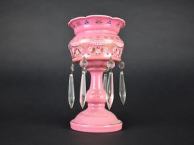 A Victorian Pink Opaque Glass Lustre with Crystal Droppers, Decorated with Applied Gilt and White