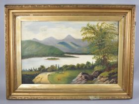 A Gilt Framed Naive Oil on Canvas, Highland Lake Landscape