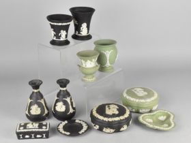 A Collection of Eleven Pieces of Wedgwood Jasperware to Comprise Black and White Vases, Lidded Pots,