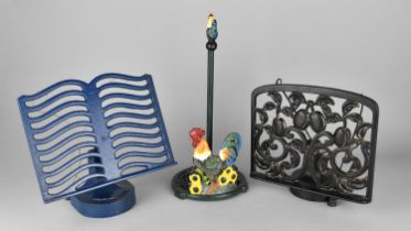 Two Cast Iron Recipe Holders Together with a Cast Kitchen Paper Holder with Cockerel Motif