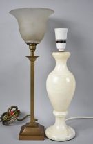 A Modern Brass Uplighting Table Lamp together with an Onyx Example, Tallest 43cms