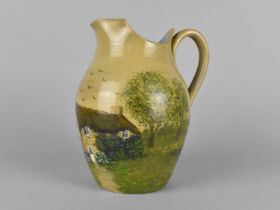 A Studio Pottery Jug Hand Painted with Rural Cottage Scene, 20cm high