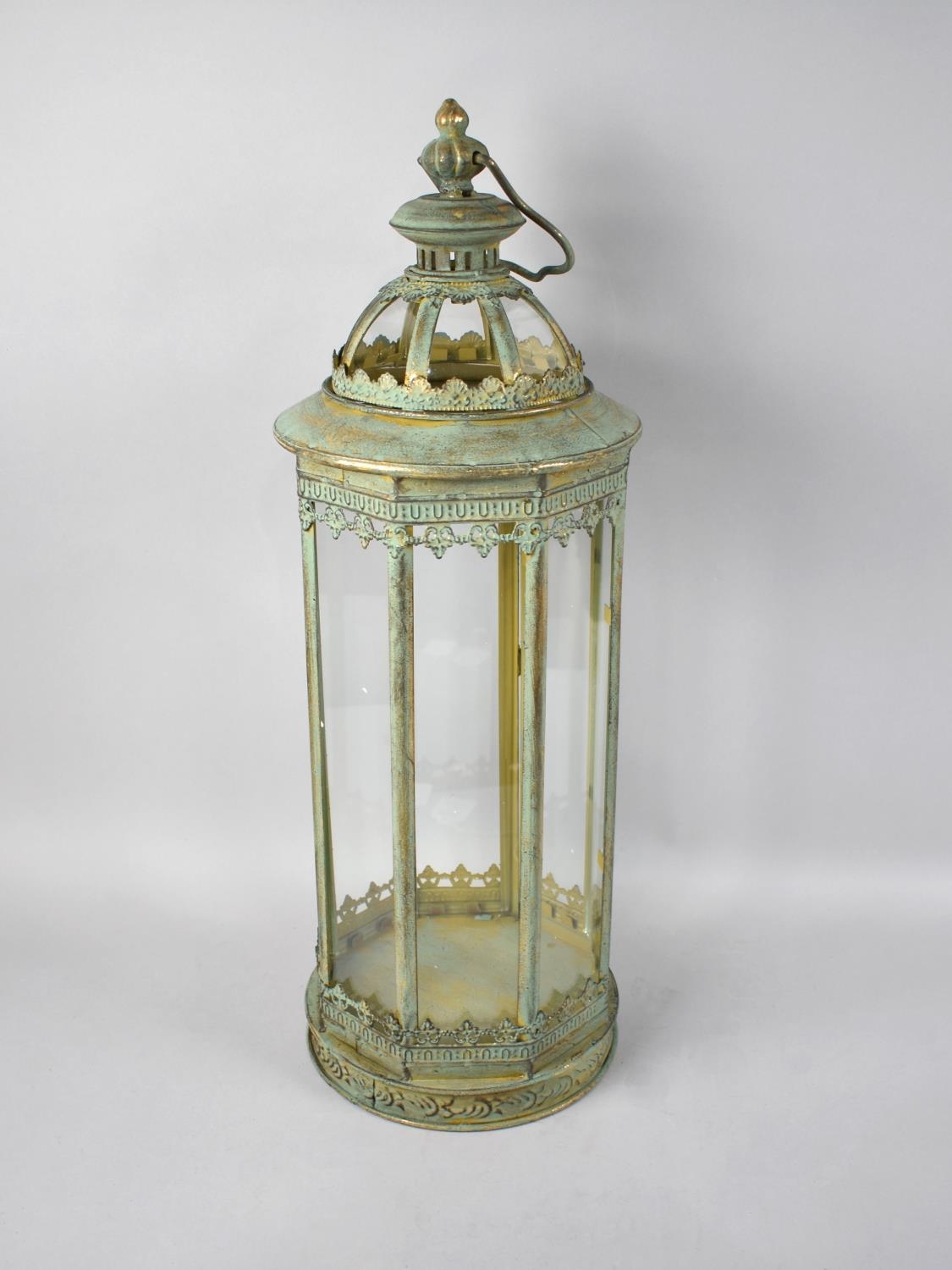 A Green Patinated Bronzed Metal Octagonal Lantern, 60cms High