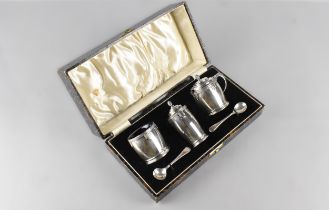 A Cased George V Silver Three Piece Cruet By William Neale & Son Ltd Having Applied Celtic Motif