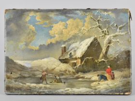 A Mounted but Unframed 19th Century Oil on Canvas Depicting Figures by Pond in Winter Landscape,