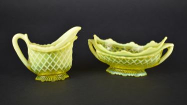 A Victorian Vaseline Glass Twin Handled Bowl and Jug, 9cm and 7cm high