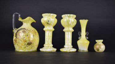 Five Pieces of Late 19th/20th Century Yellow Mottled Glass to Comprise Jug, Pair of Vases, Single