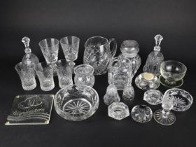 A Collection of Various Glass to Comprise Stuart Candle Holder, Jug, Wines, Tumblers etc