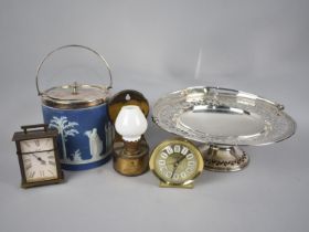 A Tray of Sundries to include Jasperware Biscuit Barrel (Base with Loss), Wall Hanging Oil Lamp,