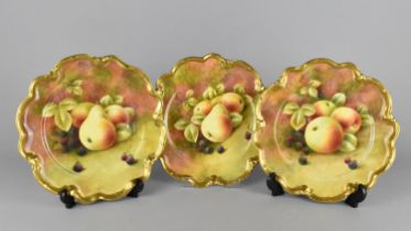 Three Coalport Cabinet Plates With Shaped Rims Hand Painted With Still Life Fruit, Apples and Pears,