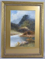 A Gilt Framed Oil depicting Scottish Mountain Scene with Highland Cattle, River and Birds, Signed SE