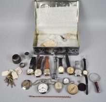 A Tin Containing Various Wrist Watches, Pocket Watches, Map Measurers Etc