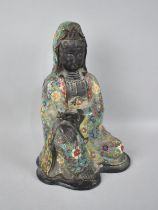 A Large and Heavy Chinese Bronze Figure with Enamelled Decoration in the Form of Seated Guanyin,