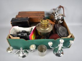 A Collection of Various Sundries to include Workboxes for Restoration, Silver Plate, Oil Lamps, Vase