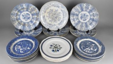 A Collection of Various Plates to Comprise Set of 'Poonah' Pattern Plates, Willow Pattern Plates etc