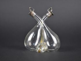 A Silver Mounted Glass Double Oil Bottle by Hukin & Heath Ltd, Birmingham Hallmark, 12cm high