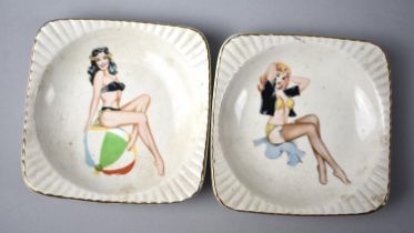 A Pair of Mid 20th Century Ashtrays with Risque Partially Clad Female Decoration , 10.5cm Square