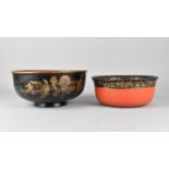 Two Early/Mid 20th Century Lacquered Bowls with Chinoiserie Decoration, One Inscribed Made in Japan,