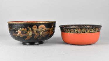 Two Early/Mid 20th Century Lacquered Bowls with Chinoiserie Decoration, One Inscribed Made in Japan,