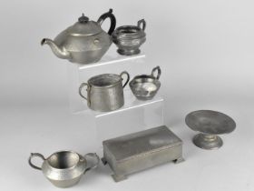 A Collection of Pewter Items to Comprise Tudric Pewter Pedestal Dish, Teawares, Cigarette Box etc