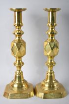 A Pair of Late Victorian "King of Diamonds" Brass Candlesticks, 32cm High