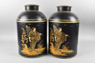 A Pair of Reproduction Toleware Tea Cannisters of Cylindrical Form, Decorated with Chinese