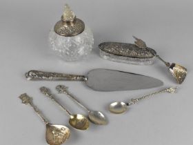 A Collection of Various Silver Items to Comprise Two Silver Mounted Glass Dressing Table Pots (