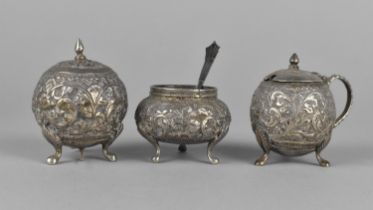 An Indian White Metal Repousse Three Piece Cruet Comprising Salt, Mustard and Pepper, all Raised